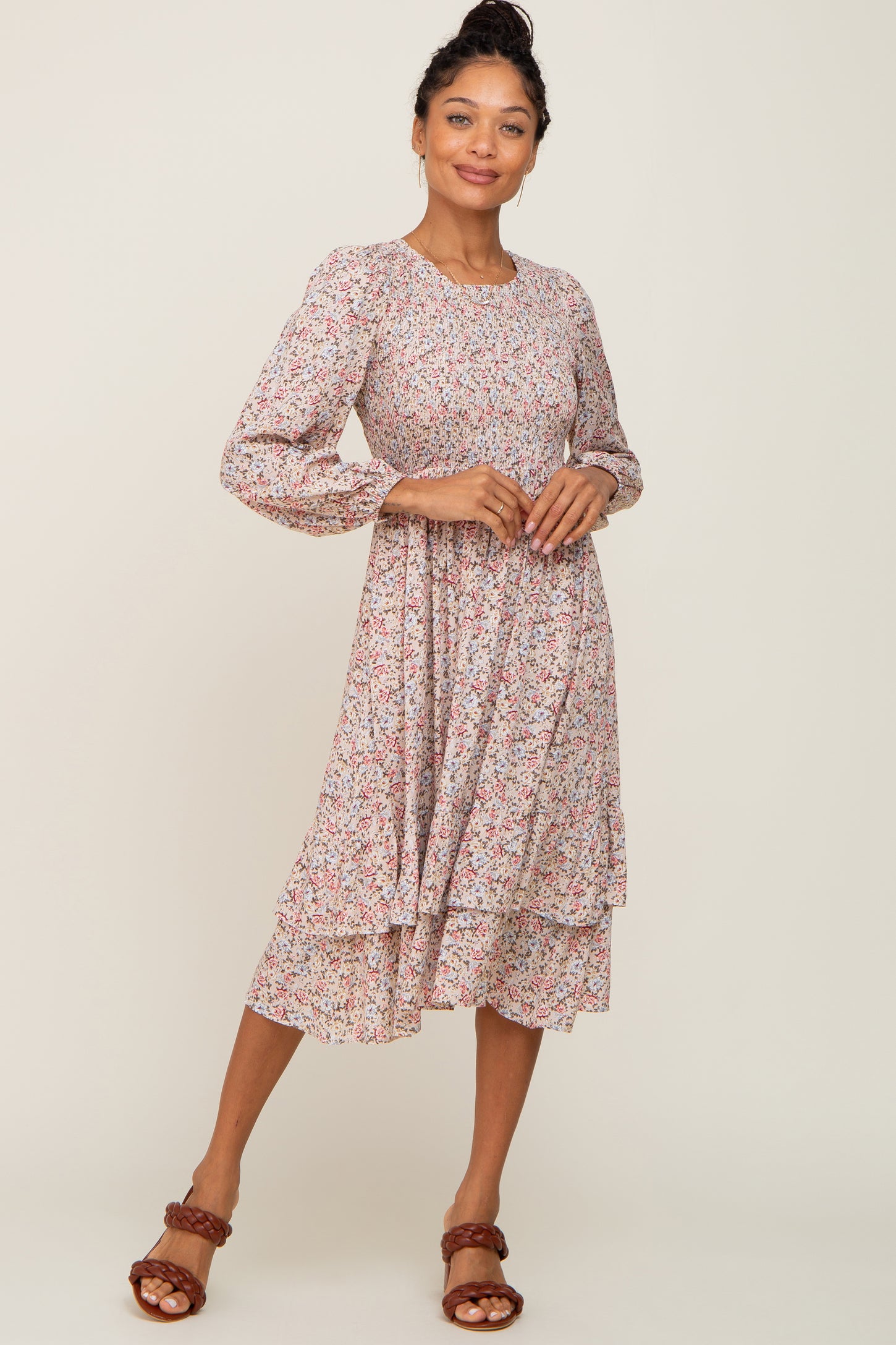 Pink Floral Smocked Long Sleeve Midi Dress