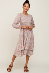 Pink Floral Smocked Long Sleeve Midi Dress