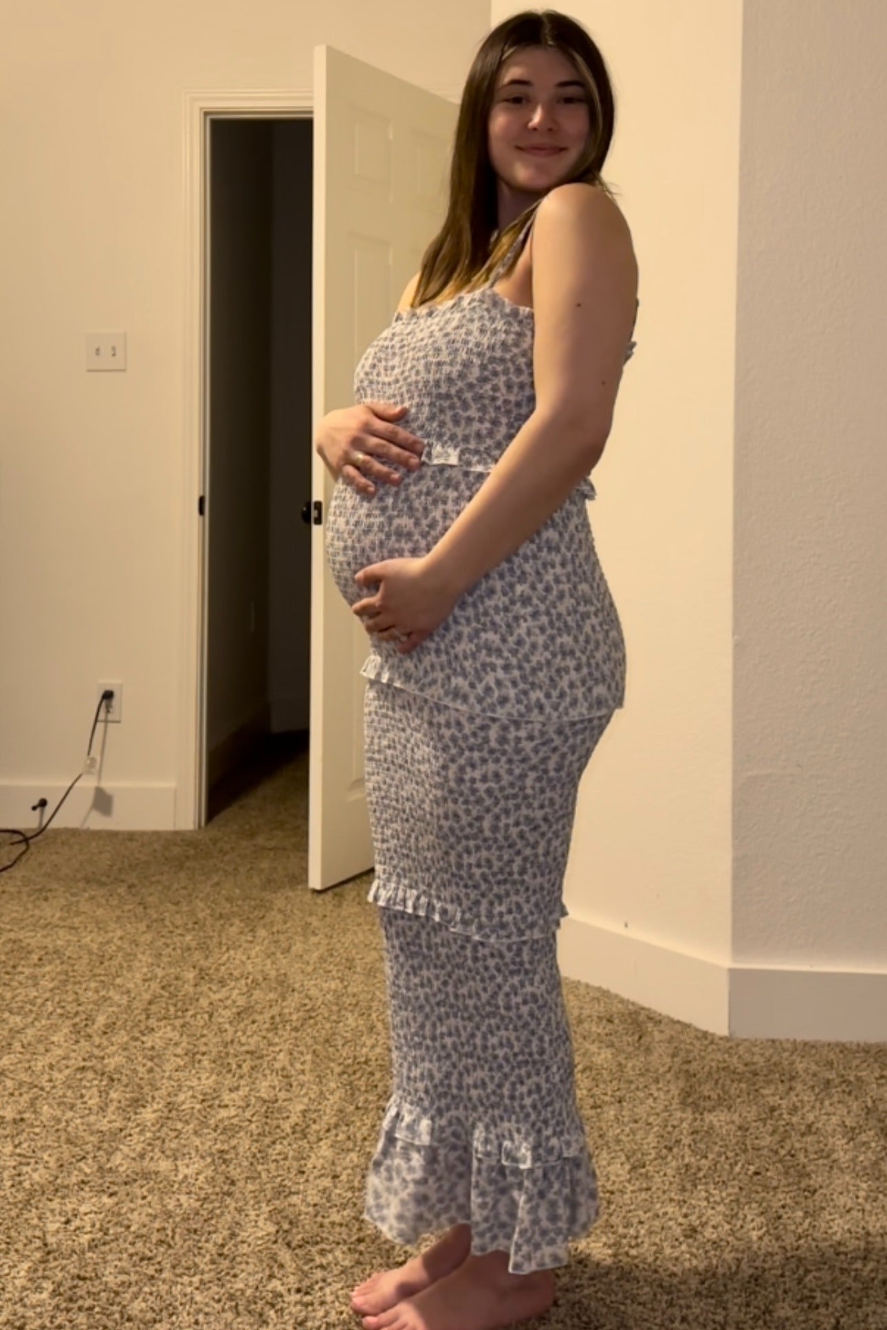 Blue Floral Chiffon Smocked Tiered Square Neck Maternity Midi Dress