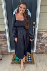 Black Smocked Square Neck Satin Maternity Midi Dress