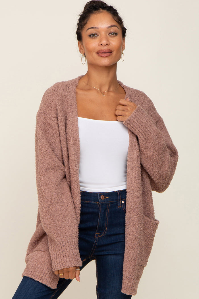 Mocha Fuzzy Knit Front Pocket Maternity Cardigan