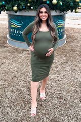 Olive Long Sleeve Square Neck Maternity Dress