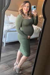 Olive Long Sleeve Square Neck Maternity Dress