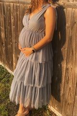 Light Blue Sleeveless Tiered Tie Strap Tulle Maternity Midi Dress