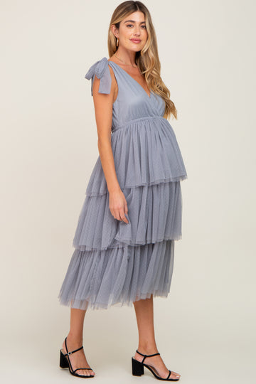 Light Blue Sleeveless Tiered Tie Strap Tulle Maternity Midi Dress