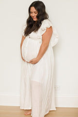 Ivory Deep V-Neck Button Down Maternity Maxi Dress