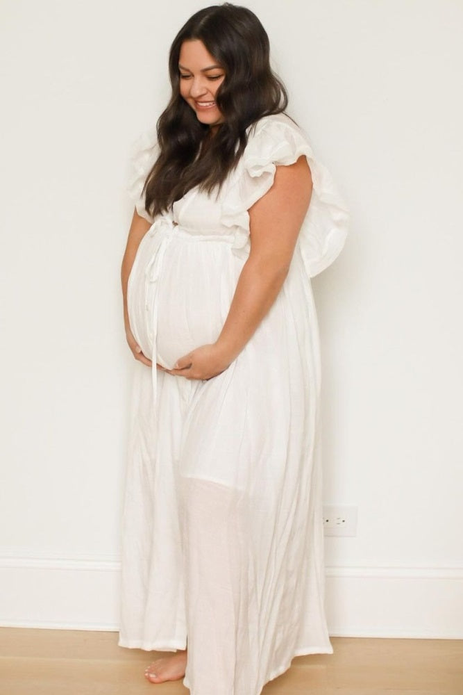 Ivory Deep V-Neck Button Down Maternity Maxi Dress