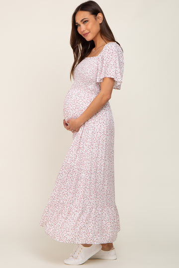 Ivory Floral Smocked Flounce Sleeve Maternity Maxi Dress