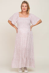 Ivory Floral Smocked Flounce Sleeve Maternity Plus Maxi Dress
