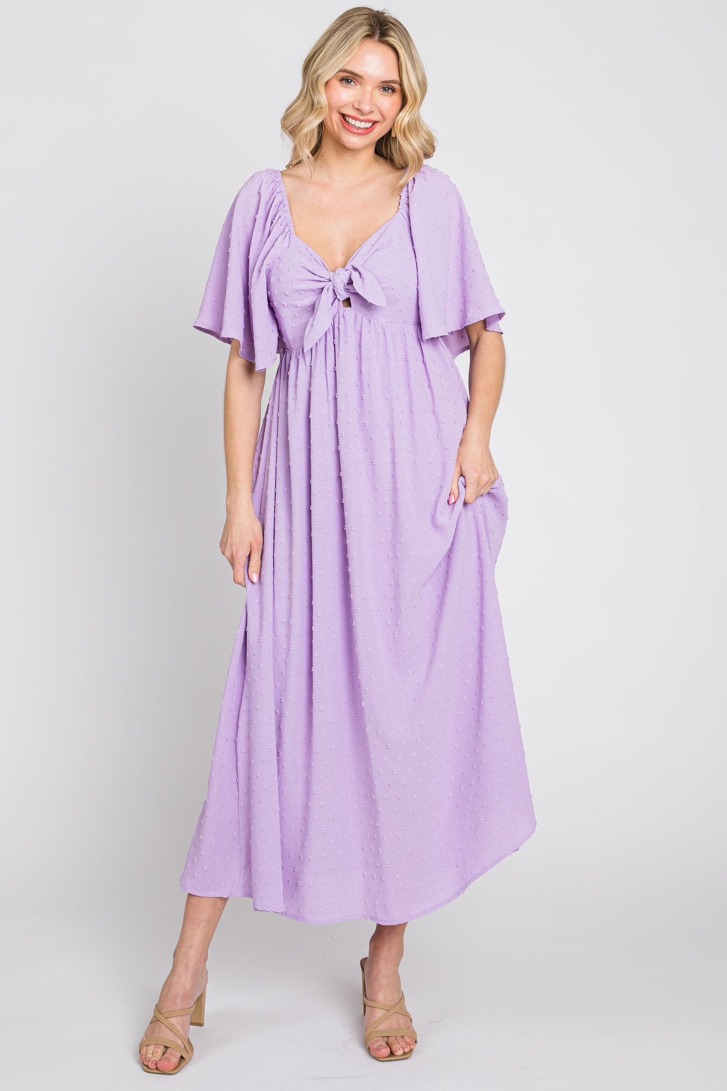 Lavender Textured Dot Front Tie Ruffle Sleeve Midi Dress
