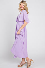 Lavender Textured Dot Front Tie Ruffle Sleeve Midi Dress