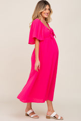 Fuchsia Textured Dot Front Tie Ruffle Sleeve Maternity Midi Dress
