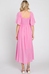 Pink Front Tie Ruffle Sleeve Midi Dress