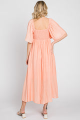 Peach Front Tie Ruffle Sleeve Midi Dress