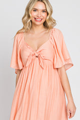 Peach Front Tie Ruffle Sleeve Midi Dress