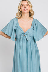 Blue Front Tie Ruffle Sleeve Midi Dress