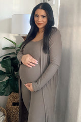 Mocha Ribbed Maternity Jumpsuit Two Piece Set