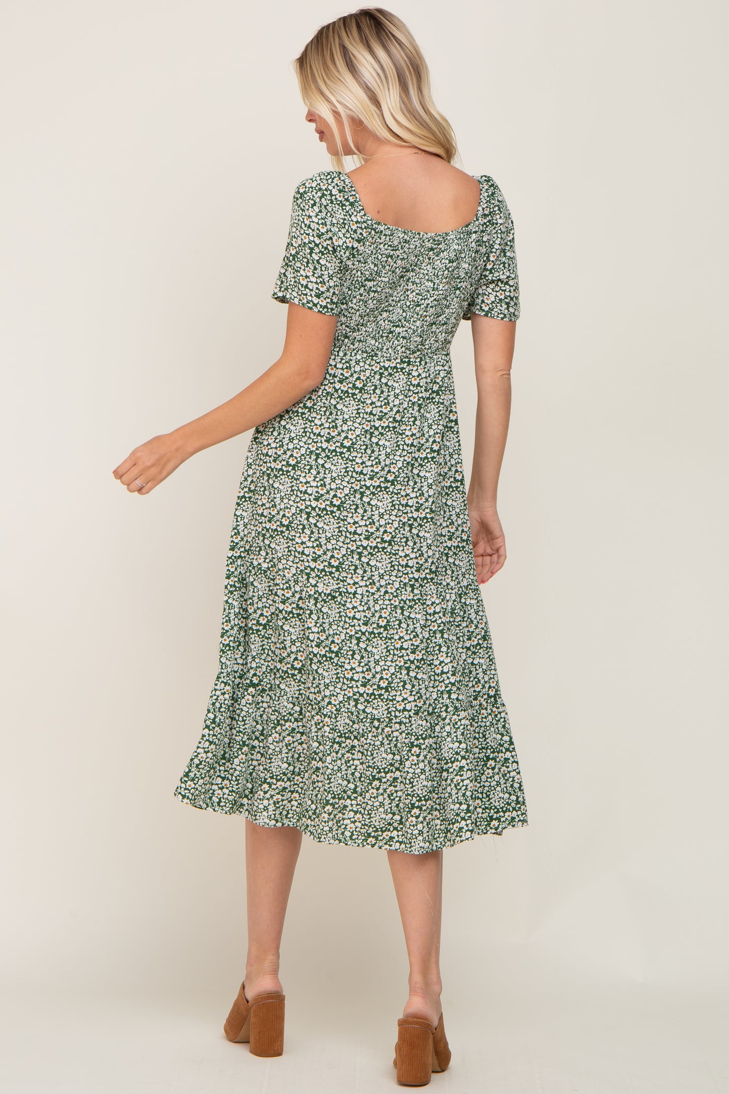 Green Floral Smocked Off Shoulder Midi Dress