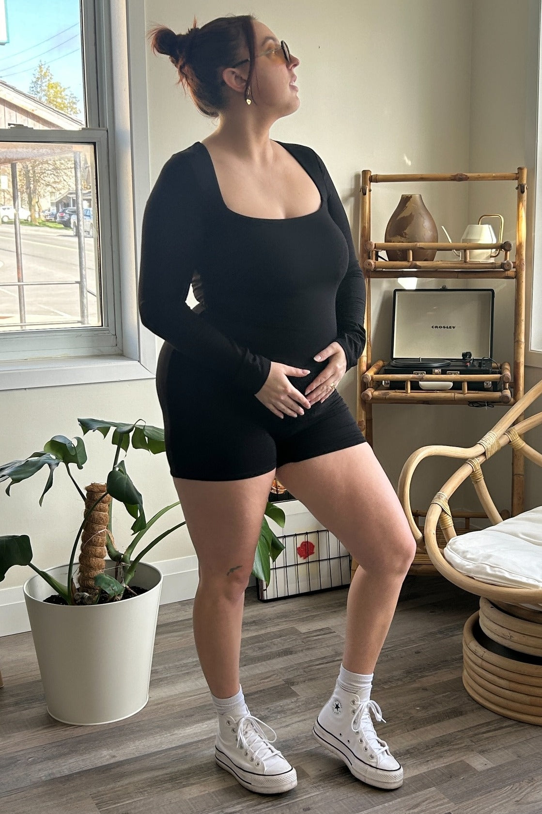 Black Square Neck Long Sleeve Maternity Romper