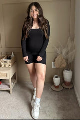 Black Square Neck Long Sleeve Maternity Romper