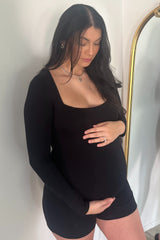 Black Square Neck Long Sleeve Maternity Romper
