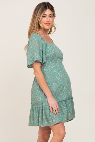 Green Floral Square Neck Smocked Open Back Maternity Dress