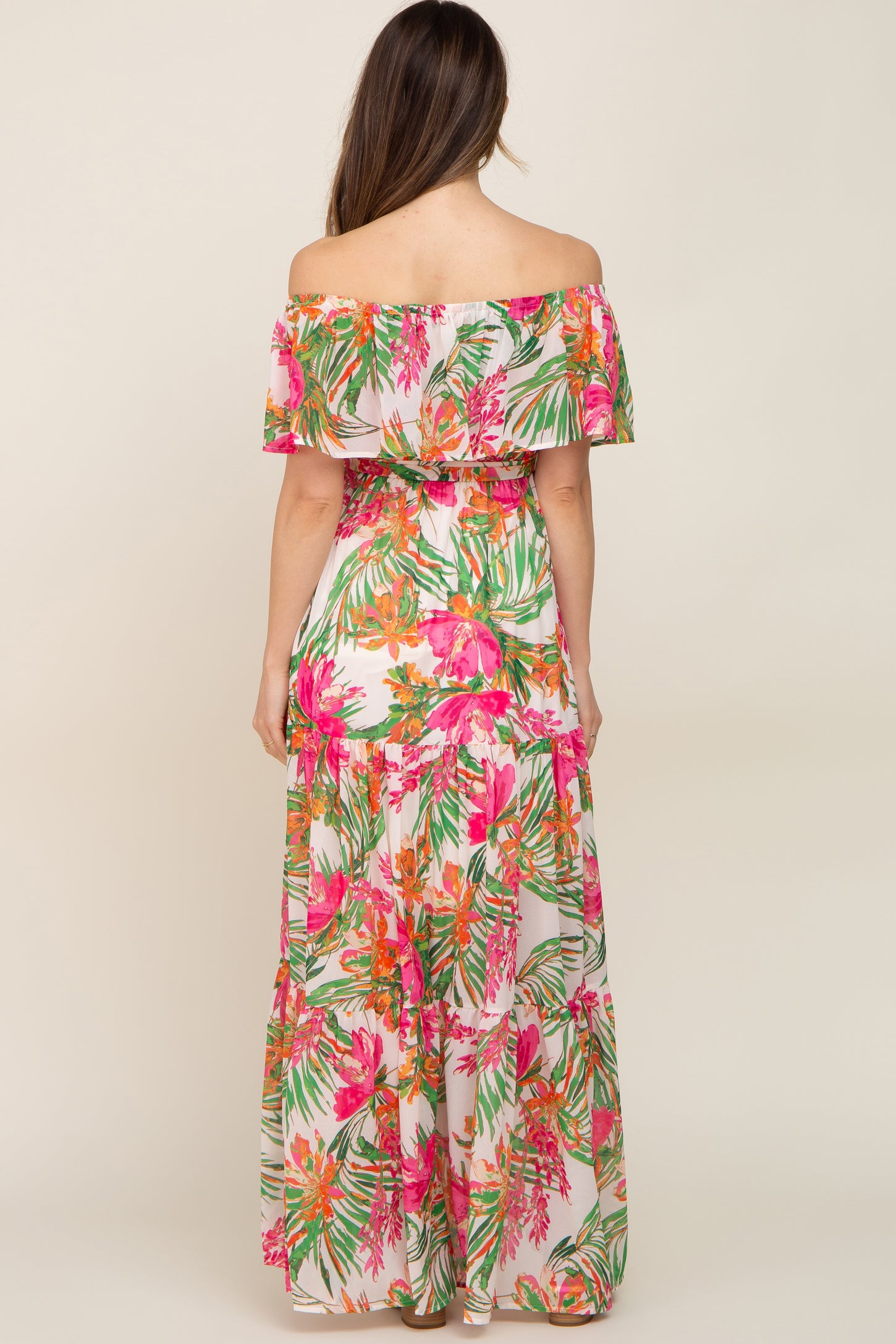 Ivory Tropical Print Off Shoulder Maternity Maxi Dress