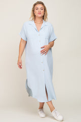 Light Blue Button Down Hi Low Maternity Plus Maxi Dress