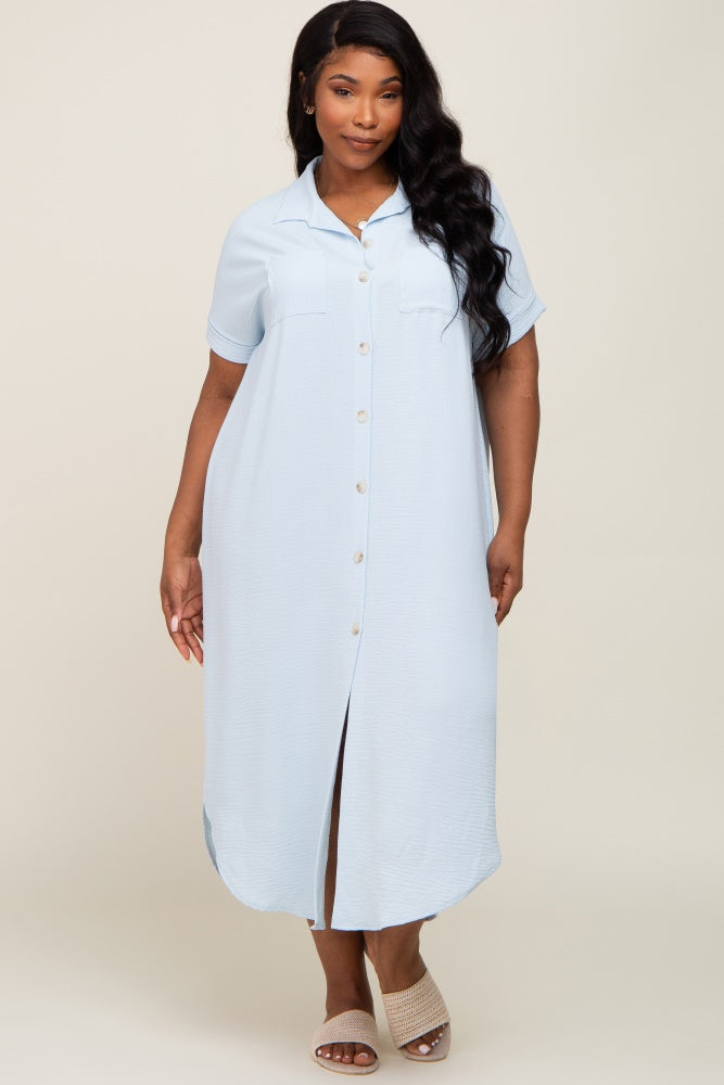 Light Blue Button Down Hi Low Maternity Plus Maxi Dress