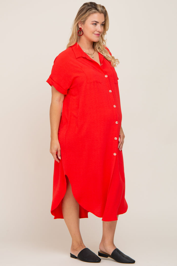 Red Button Down Hi Low Maternity Plus Maxi Dress