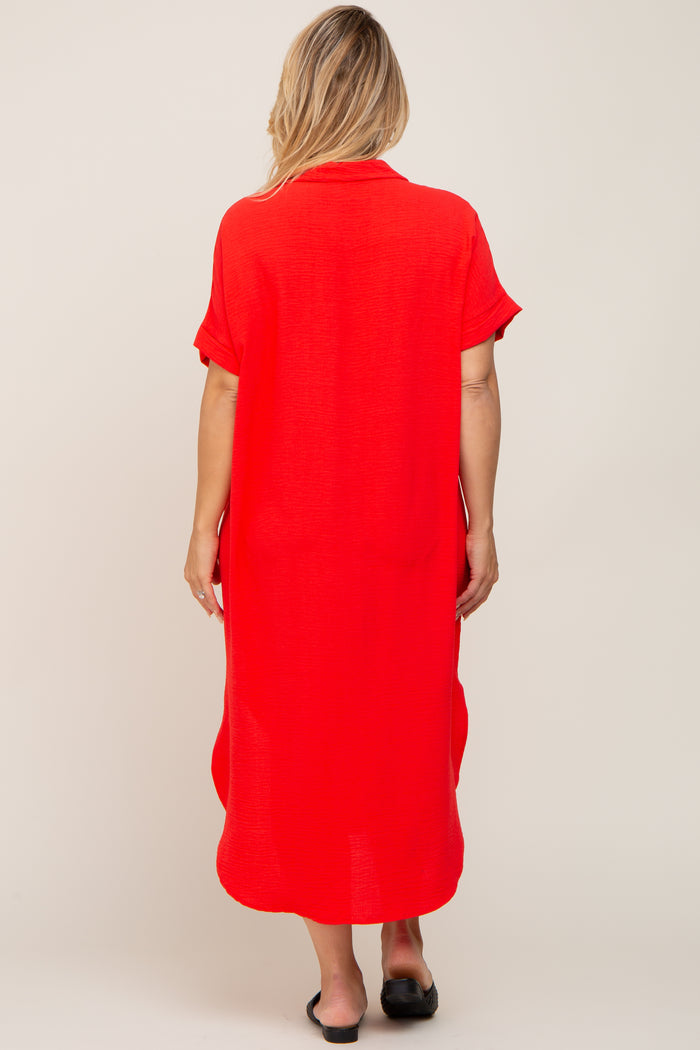 Red Button Down Hi Low Maternity Plus Maxi Dress