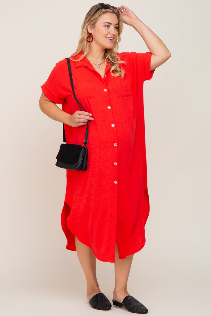 Red Button Down Hi Low Maternity Plus Maxi Dress