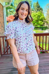 Lavender Floral Ruffle Mock Neck Blouse