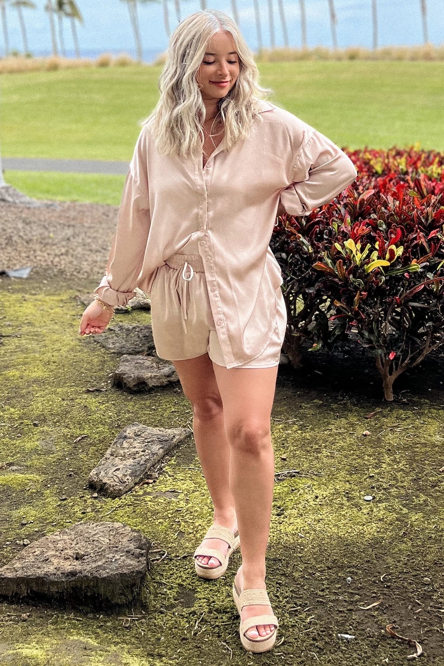 Light Taupe Button Up and Short Satin Set