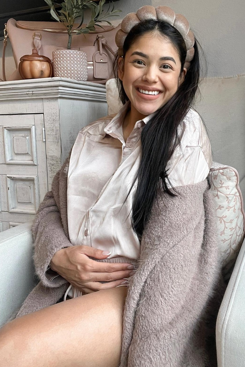 Light Taupe Button Up and Short Satin Maternity Set