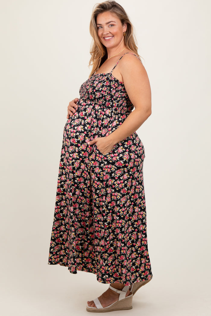 Black Square Neck Smocked Maternity Plus Midi Dress