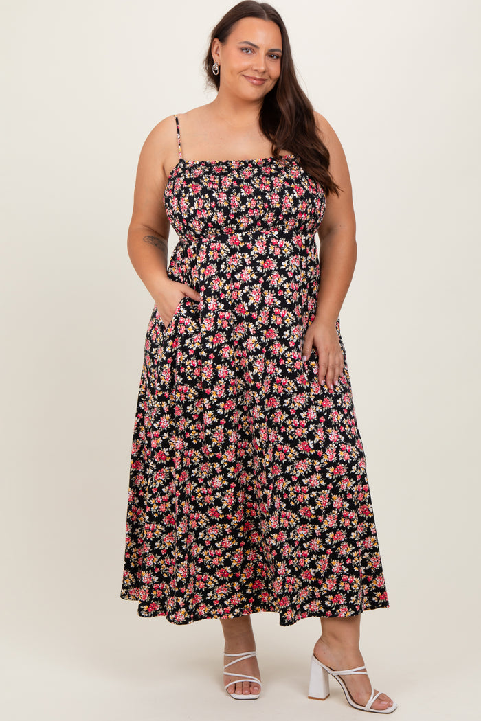 Black Square Neck Smocked Maternity Plus Midi Dress
