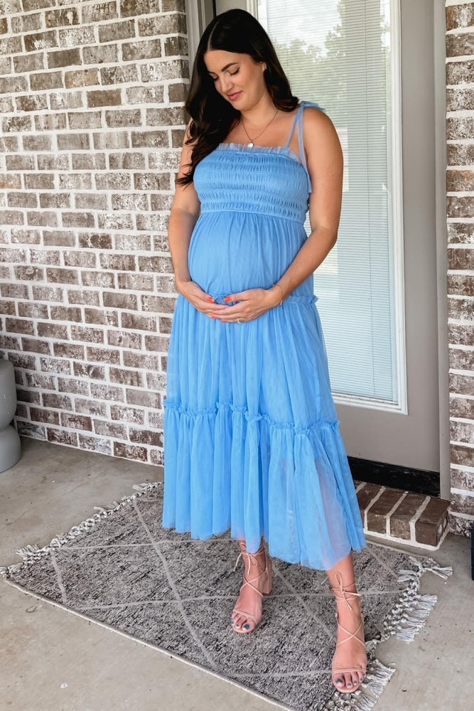 Light Blue Smocked Mesh Maternity Midi Dress