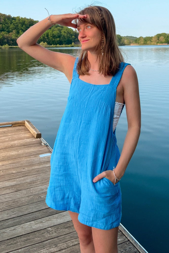 Blue Square Neck Elastic Strap Romper