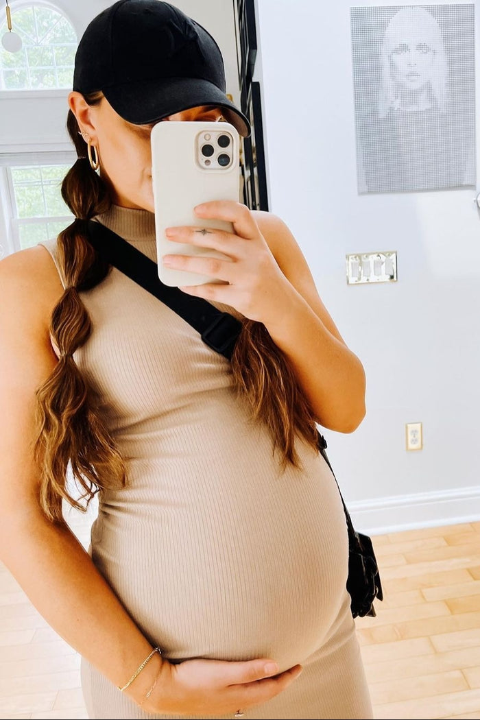Taupe Ribbed Sleeveless Mock Neck Maternity Midi Dress