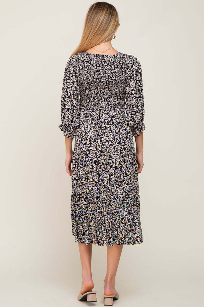 Black Floral Smocked 3/4 Sleeve Maternity Midi Dress