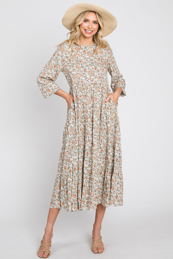 Beige Floral Button Front Long Sleeve Tiered Maternity Midi Dress