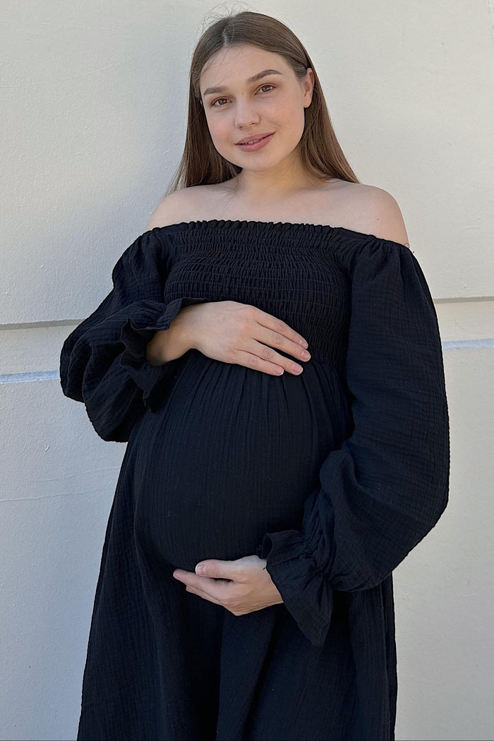Black Gauze Smocked Maternity Midi Dress