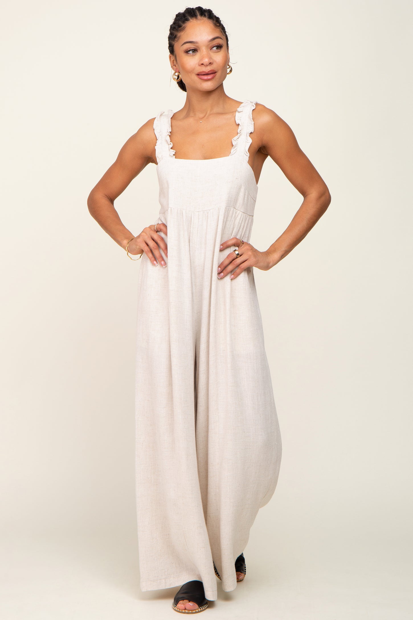 Beige Ruffle Trim Back Tie Jumpsuit