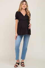 Black Puff Sleeve Crossover Maternity/Nursing Top