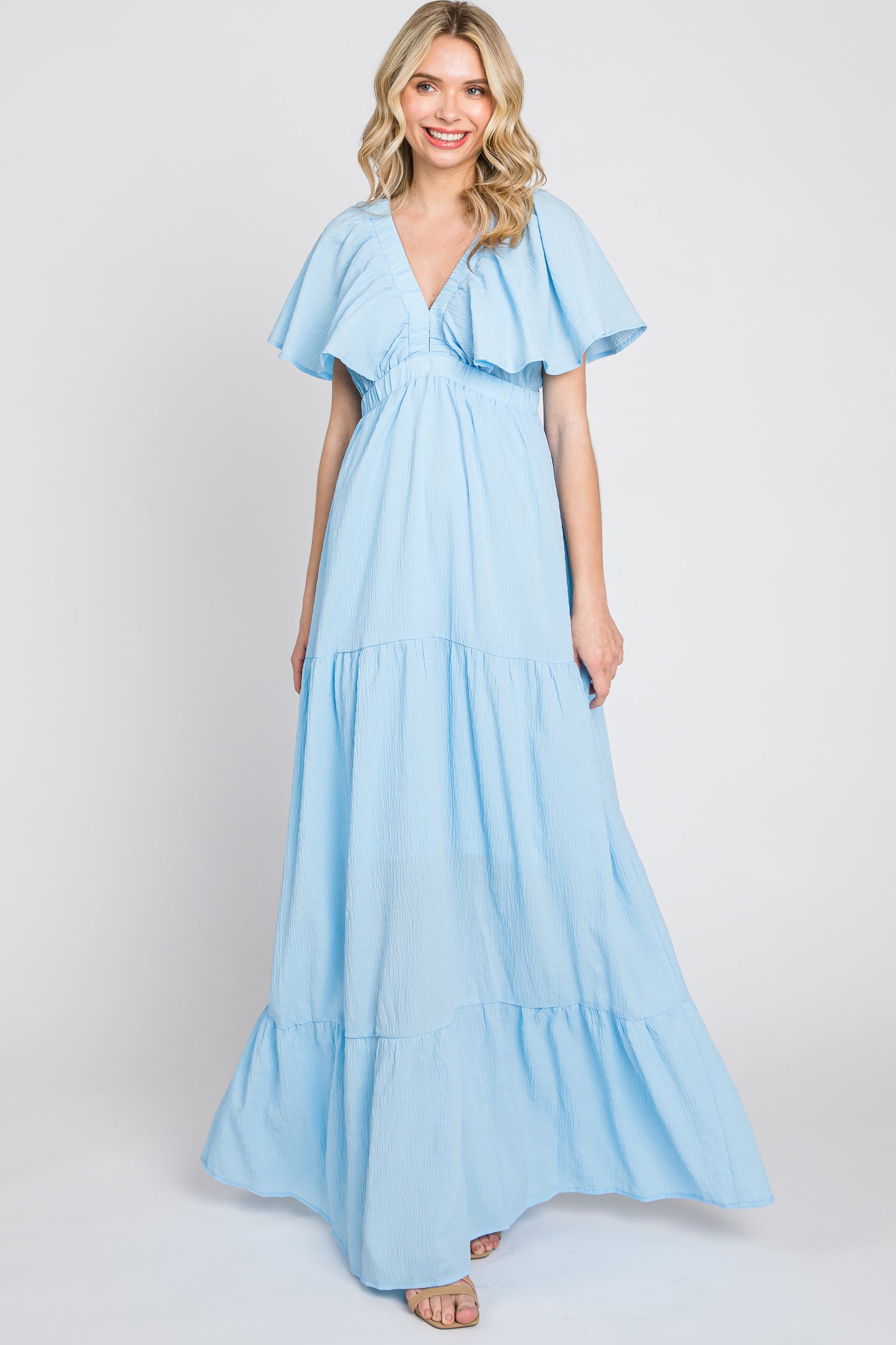 Light Blue Crepe Flounce Sleeve Tiered Maternity Maxi Dress