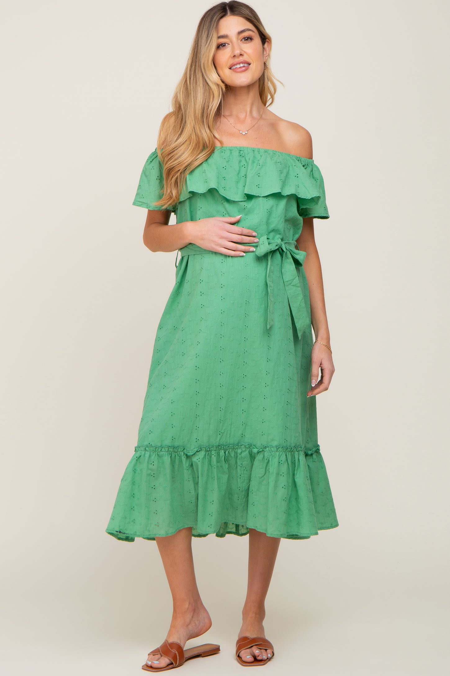 Green Eyelet Embroidered Ruffle Off Shoulder Maternity Midi Dress
