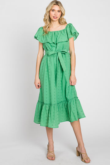 Green Eyelet Embroidered Ruffle Off Shoulder Midi Dress