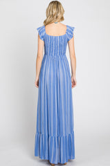 Blue Striped Off Shoulder Front Tie Maxi Dress