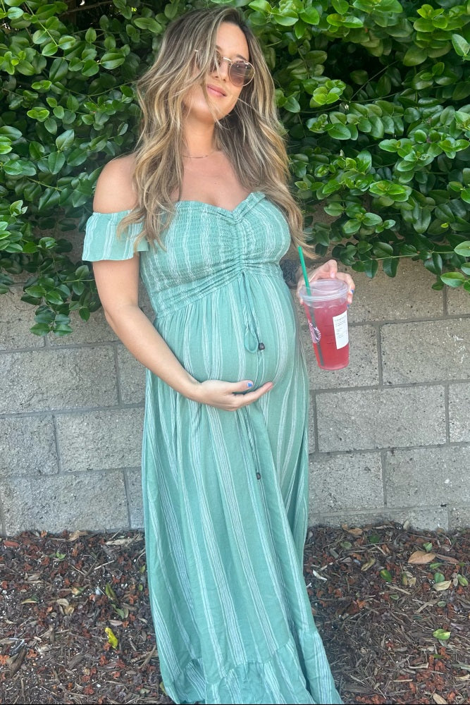 Green Striped Off Shoulder Front Tie Maternity Maxi Dress